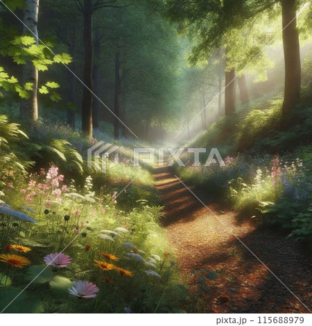 木漏れ日の森の中 115688979