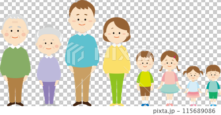 三代家庭排隊的可愛插畫 三代家庭排隊的可愛插畫 115689086