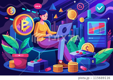 A man working with cryptocurrency on a laptop in the office. Cryptocurrency concept. Vector illustration A man working with cryptocurrency on a laptop in the office. Cryptocurrency concept. Vector illustration 115689116