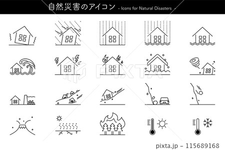 自然災害のシンプルな線画アイコンのセット 115689168
