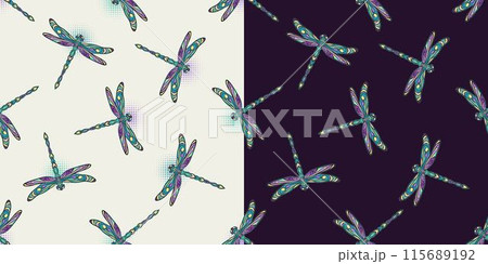 Seamless patterns with fantasy colored flying dragonflies with spread wings in Art Nouveau style. Set of patterns on black, white background. 115689192
