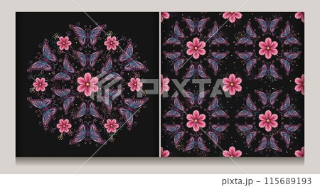 Seamless pattern, label with circular ornament like mandala with chamomile flower in center, fantasy colored butterfly with curled antennae. Geometric background. Art Nouveau style. 115689193