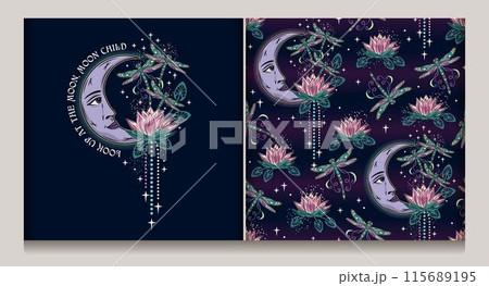 Seamless celestial pattern, label with lotus flower, flying fantasy dragonflies, moon crescent with face, stars. Mysterious magic concept. Colorful illustration in vintage style. 115689195