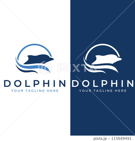 Dolphin logo. Dolphin jumping on the waves of sea or beach. With vector illustration editing. Dolphin logo. Dolphin jumping on the waves of sea or beach. With vector illustration editing. 115689491