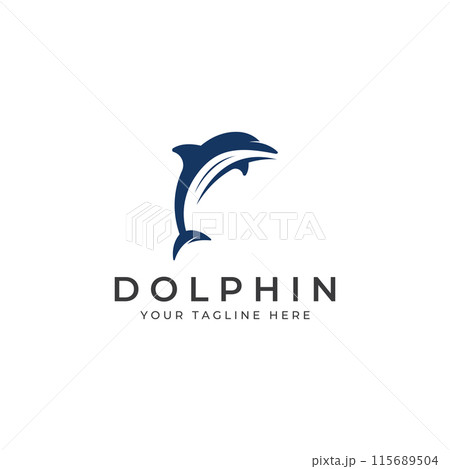 Dolphin logo. Dolphin jumping on the waves of sea or beach. With vector illustration editing. Dolphin logo. Dolphin jumping on the waves of sea or beach. With vector illustration editing. 115689504