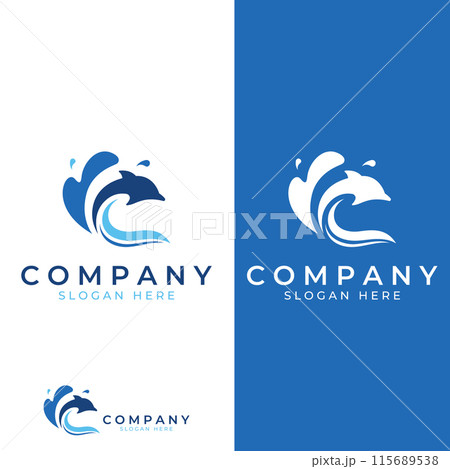 Dolphin logo. Dolphin jumping on the waves of sea or beach. With vector illustration editing. Dolphin logo. Dolphin jumping on the waves of sea or beach. With vector illustration editing. 115689538