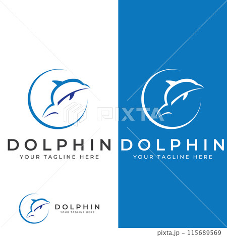 Dolphin logo. Dolphin jumping on the waves of sea or beach. With vector illustration editing. Dolphin logo. Dolphin jumping on the waves of sea or beach. With vector illustration editing. 115689569