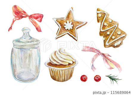 Christmas baking set. Gingerbread cookies, muffin, berries, bows, jar. Watercolor illustration isolated on white. Cards, invitations, banners, menus. 115689864