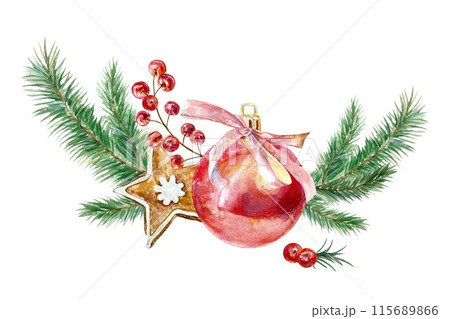 Christmas ball, fir branches, ginger cookies, berries. Watercolor horizontal illustration isolated on white. New Year cards, banners, posters, flyers. 115689866