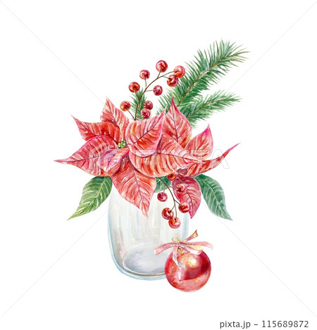 Poinsettia bouquet in a vase, fir branches, berries, red ball. Watercolor illustration isolated on white. For Christmas and New Year cards, posters. Poinsettia bouquet in a vase, fir branches, berries, red ball. Watercolor illustration isolated on white. For Christmas and New Year cards, posters. 115689872
