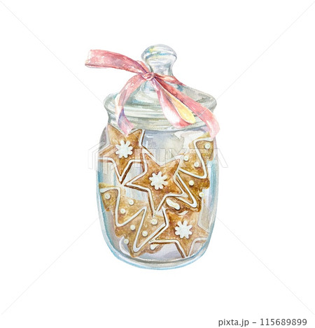 Glass jar with gingerbread cookies, with a pink bow on the lid. Watercolor illustration isolated on white New Year cards, invitations, banners, flyers 115689899