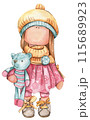 Watercolor hand drawn doll Tilda in dress. Hand drawn watercolor illustration . Design for baby shower party, birthday, cake, holiday celebration design, greetings card, invitation, stickers, posters. 115689923