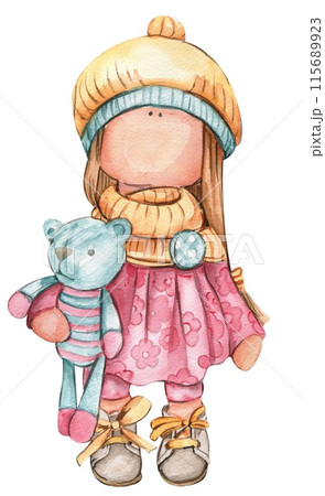 Watercolor hand drawn doll Tilda in dress. Hand drawn watercolor illustration . Design for baby shower party, birthday, cake, holiday celebration design, greetings card, invitation, stickers, posters. 115689923