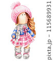 Watercolor hand drawn doll Tilda in dress. Hand drawn watercolor illustration . Design for baby shower party, birthday, cake, holiday celebration design, greetings card, invitation, stickers, posters. 115689931