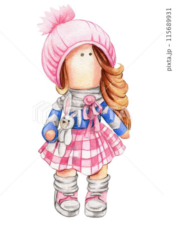 Watercolor hand drawn doll Tilda in dress. Hand drawn watercolor illustration . Design for baby shower party, birthday, cake, holiday celebration design, greetings card, invitation, stickers, posters. Watercolor hand drawn doll Tilda in dress. Hand drawn watercolor illustration . Design for baby shower party, birthday, cake, holiday celebration design, greetings card, invitation, stickers, posters. 115689931