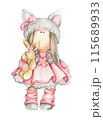 Watercolor hand drawn doll Tilda in dress. Hand drawn watercolor illustration . Design for baby shower party, birthday, cake, holiday celebration design, greetings card, invitation, stickers, posters. 115689933
