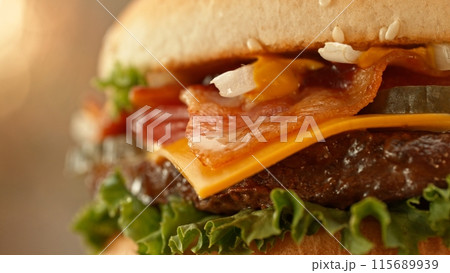 Delicious cheeseburger with cheese, lettuce, tomato, red onion and bun. Delicious cheeseburger with cheese, lettuce, tomato, red onion and bun. 115689939