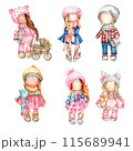 Watercolor hand drawn doll Tilda in dress. Hand drawn watercolor illustration . Design for baby shower party, birthday, cake, holiday celebration design, greetings card, invitation, stickers, posters. 115689941