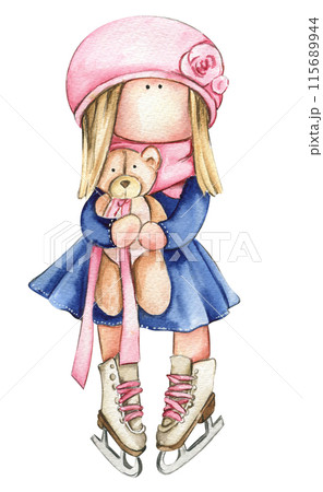 Watercolor hand drawn doll Tilda in dress. Hand drawn watercolor illustration . Design for baby shower party, birthday, cake, holiday celebration design, greetings card, invitation, stickers, posters. 115689944