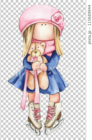Watercolor hand drawn doll Tilda in dress. Hand drawn watercolor illustration . Design for baby shower party, birthday, cake, holiday celebration design, greetings card, invitation, stickers, posters. 115689944