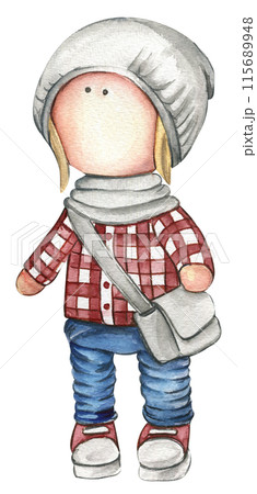 Watercolor hand drawn doll Tilda in dress. Hand drawn watercolor illustration . Design for baby shower party, birthday, cake, holiday celebration design, greetings card, invitation, stickers, posters. Watercolor hand drawn doll Tilda in dress. Hand drawn watercolor illustration . Design for baby shower party, birthday, cake, holiday celebration design, greetings card, invitation, stickers, posters. 115689948
