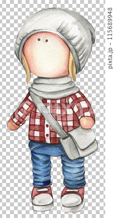 Watercolor hand drawn doll Tilda in dress. Hand drawn watercolor illustration . Design for baby shower party, birthday, cake, holiday celebration design, greetings card, invitation, stickers, posters. 115689948