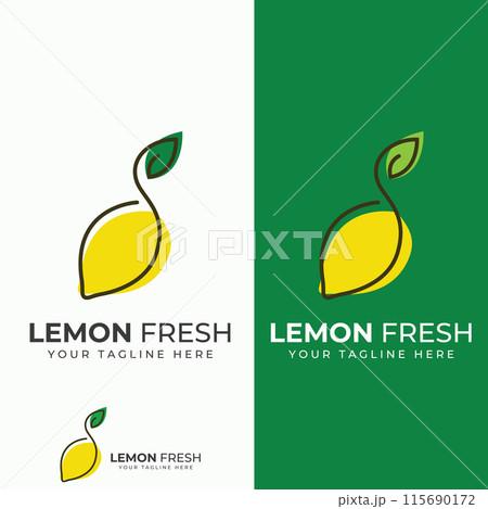 Fresh lemon fruit logo with leaves and fresh drink of lemon fruit. Logo vector illustration modern template. 115690172