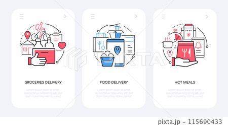 Groceries and food delivery - line design style banners set 115690433