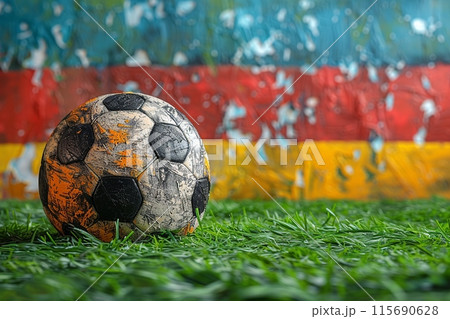Old soccer and football ball on green grass, on German flag background for sport team and game theme concept. 115690628