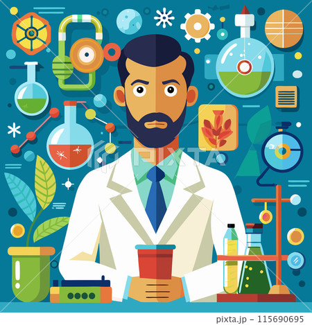 Scientist concept. Idea of education and innovation. Biology, chemistry, medicine and other subjects systematic study. Isolated flat illustration. Vector illustration 115690695
