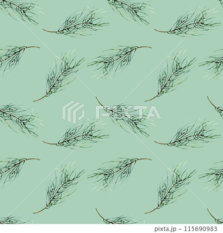 Traditional Christmas pine branches watercolor seamless pattern on green. Hand drawn new year background with forest tree elements for packing, wall paper, wrapping paper design. celebration, fabric 115690983