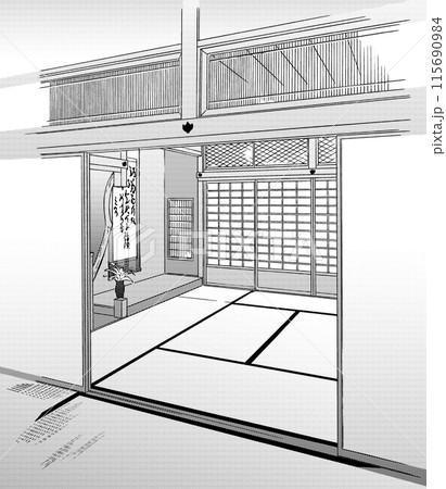 漫画風ペン画イラスト　和風_階段・室内 115690984