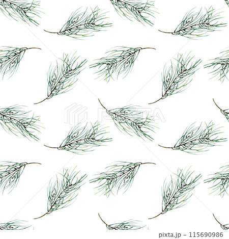 Traditional Christmas pine branches watercolor seamless pattern. Hand drawn new year background with forest tree elements for packing, wall paper, wrapping paper design. Holly celebration, fabric 115690986