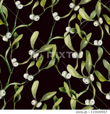 Christmas floral seamless pattern with green fresh omela branches on black. New year, winter season traditional background with flowers for wrapping paper, packing, stationery design.Wallpaper 115690987