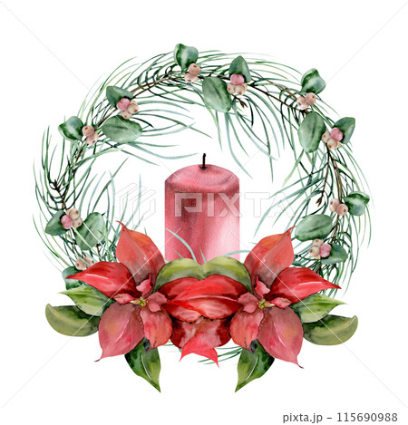 Christmas wreath with red wax candle,pine branches, snow berries and red traditional flower poinsettia watercolor illustration.Hand drawn winter new year element, holly decor, invitation,card template 115690988