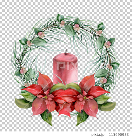 Christmas wreath with red wax candle,pine branches, snow berries and red traditional flower poinsettia watercolor illustration.Hand drawn winter new year element, holly decor, invitation,card template 115690988