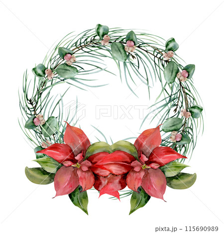 Pine branches, snow berries and red traditional Christmas flower poinsettia watercolor wreath illustration.Hand drawn winter new year celebration element,holly home decor, invitation, card template 115690989