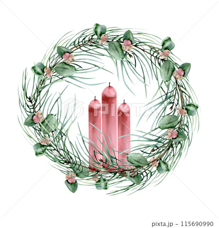 Floral traditional winter wreath with pine branches and red candles decoration watercolor illustration.Hand drawn Christmas frame,greeting card template ,invitation, poster,packing design, home decor 115690990
