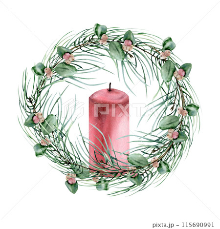 Traditional Christmas wreath with green pine branches, snow berries and red candle watercolor illustration. Hand drawn winter new year celebration element for greeting card, invitation, poster design 115690991