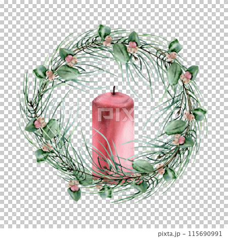 Traditional Christmas wreath with green pine branches, snow berries and red candle watercolor illustration. Hand drawn winter new year celebration element for greeting card, invitation, poster design 115690991