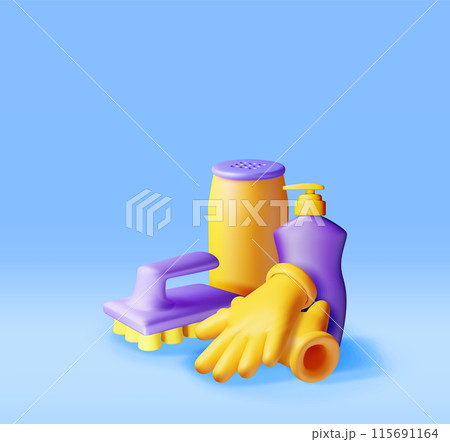 3D bottle of detergent, sponge and rubber gloves 115691164