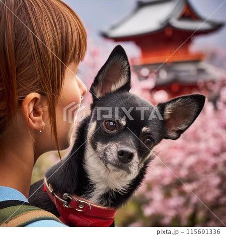 飼い主の肩越しにこちらを見つめるチワワ 飼い主の肩越しにこちらを見つめるチワワ 115691336