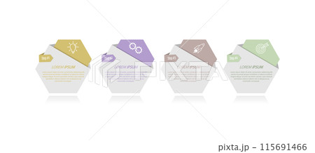 4 stages of development, improvement or training. Infographics with visual action icons for business, finance, project, plan or marketing 115691466