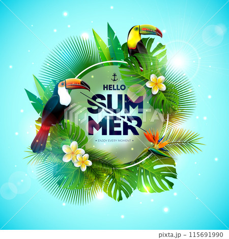 Tropical Summer Holiday Design with Toucan Bird and Parrot Flower on Blue Background. Vector Typography Illustration on Blurred Glass with Exotic Palm Leaves and Phylodendron for Banner, Flyer 115691990