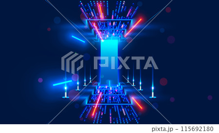 Abstract door in tunnel with digital data center light signals. Future computer technology concept of cyber gate in cyberspace or metaverse. Fantasy cyber door or portal in data center. Tech banner. 115692180