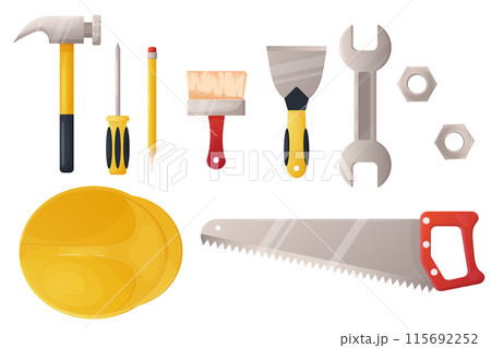 A set of building tools: helmet, hammer, nut, brush, saw, screwdriver. On white insulated background 115692252