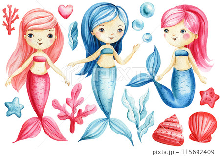 Cute mermaid watercolor cartoon illustration, Swimming mermaid princess with coral, star, bubbles, seashells and seaweed 115692409