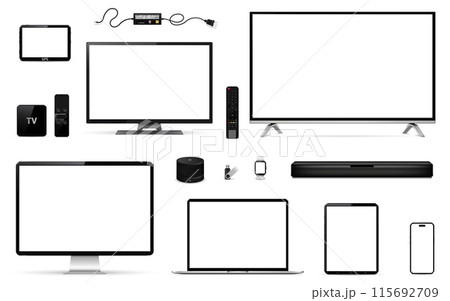 Realistic tv, computer, laptop, tablet, smart phone, smart watch, smart speaker, sound bar, set-top box, usb flash drive, gps navigation device, remote control and charger 115692709