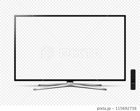 Modern smart tv flat screen with remote control isolated on transparent background 115692738