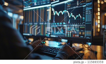 A financial analyst monitors stock quotes in real time 115693359